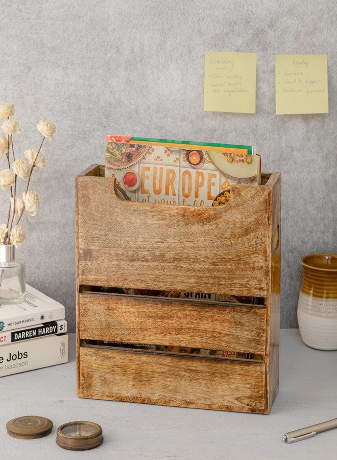 Mie Creations Wooden Magazine Holder Rack with Handle, Decorative Magazine Storage Basket for File, Folder, Books, Newspaper | Rustic Brown Magazine Bin Display Stand, Office Desk Organizer 10-inch - Image 2